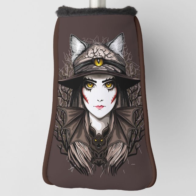 Witch Cat Halloween Creepy Cute Portrait Golf Head Cover (Rotate 90)