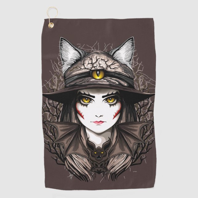 Witch Cat Halloween Creepy Cute Portrait Golf Towel (Front)