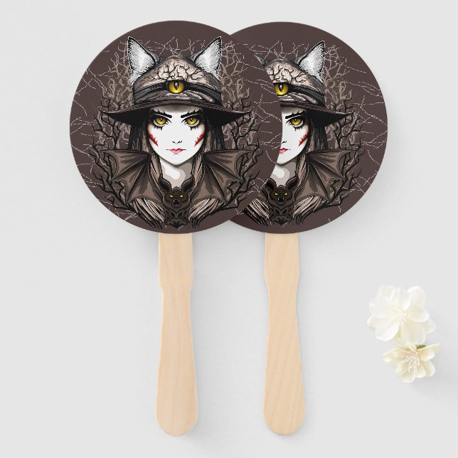 Witch Cat Halloween Creepy Cute Portrait Hand Fan (Front and Back)