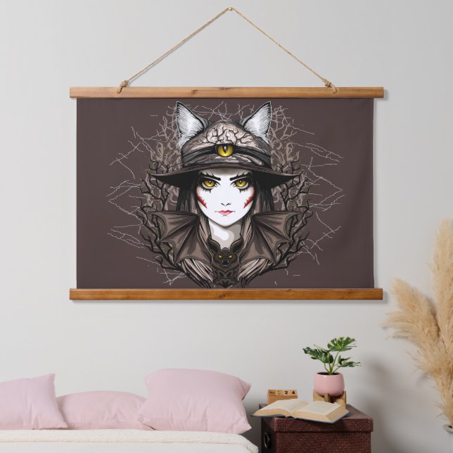 Witch Cat Halloween Creepy Cute Portrait Hanging Tapestry (Bedroom)