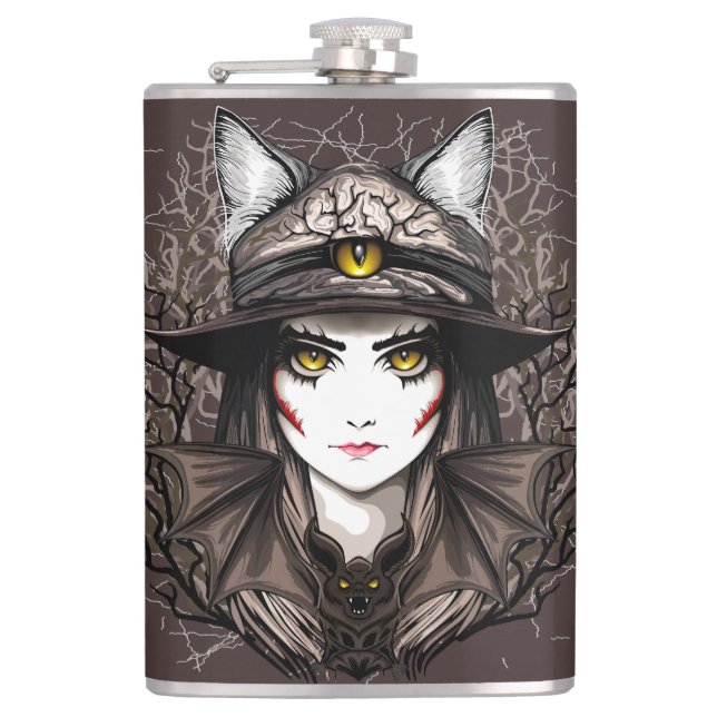 Witch Cat Halloween Creepy Cute Portrait Hip Flask (Front)