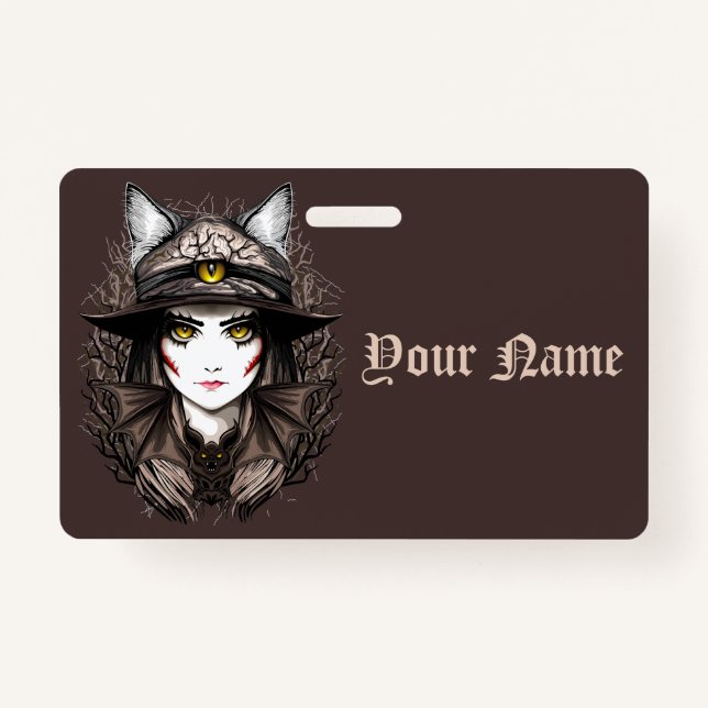 Witch Cat Halloween Creepy Cute Portrait ID Badge (Front)