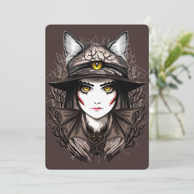Witch Cat Halloween Creepy Cute Portrait Invitation (Standing Front)