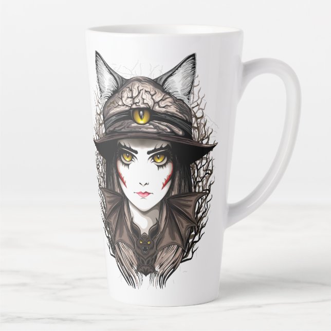 Witch Cat Halloween Creepy Cute Portrait Latte Mug (Right)