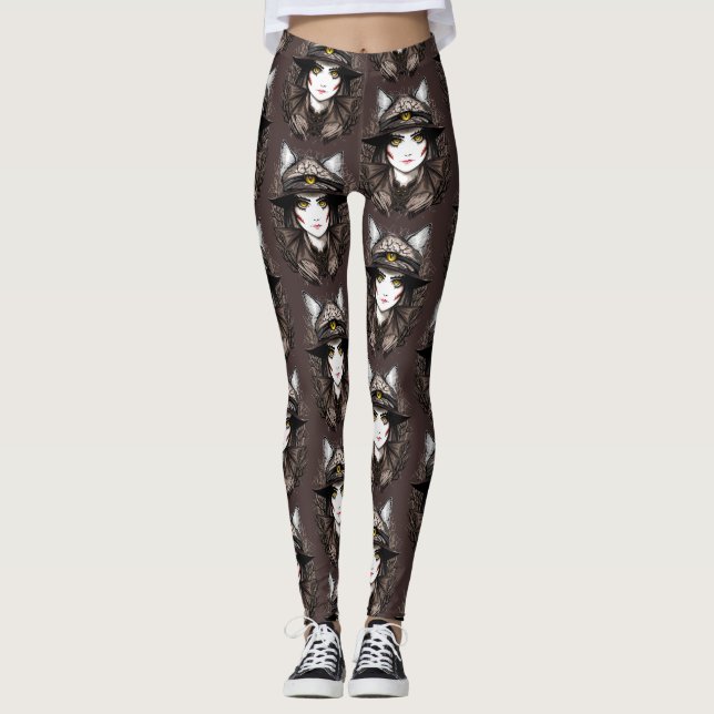 Witch Cat Halloween Creepy Cute Portrait Leggings (Front)