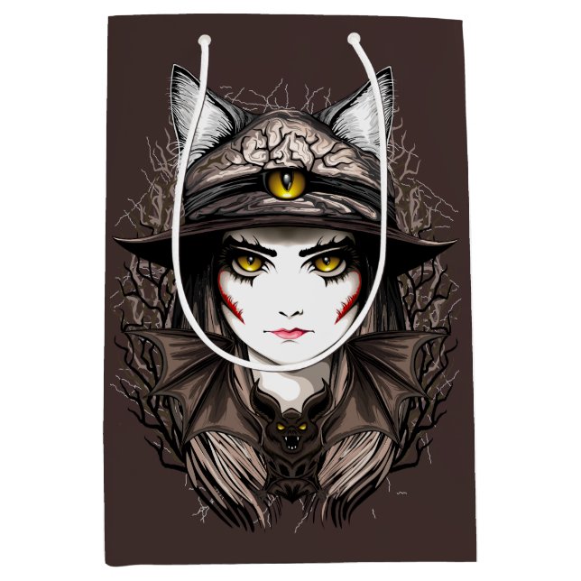 Witch Cat Halloween Creepy Cute Portrait Medium Gift Bag (Front)