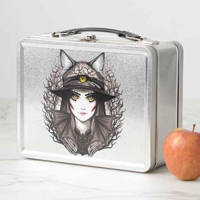 Witch Cat Halloween Creepy Cute Portrait Metal Lunch Box (In Situ)