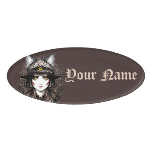 Witch Cat Halloween Creepy Cute Portrait Name Tag