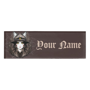 Witch Cat Halloween Creepy Cute Portrait Name Tag