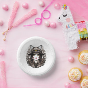 Witch Cat Halloween Creepy Cute Portrait Paper Plate