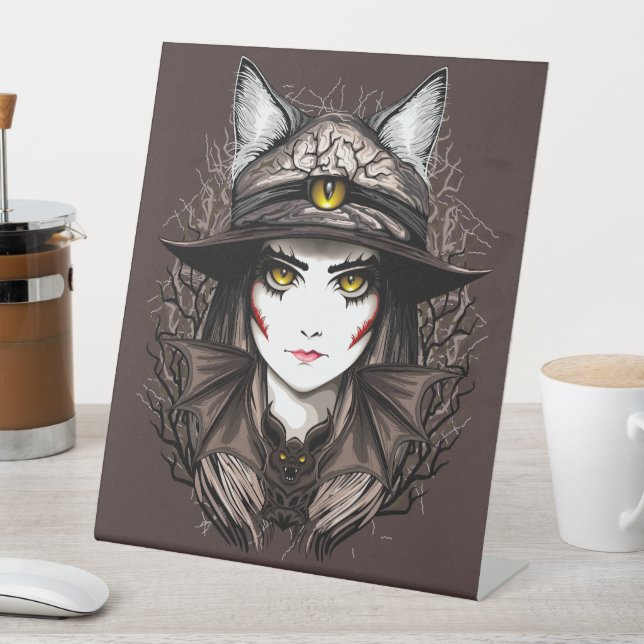 Witch Cat Halloween Creepy Cute Portrait Pedestal Sign (In SItu)