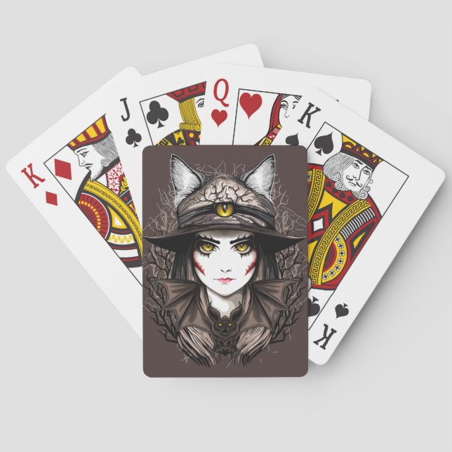 Witch Cat Halloween Creepy Cute Portrait Playing Cards (Back)