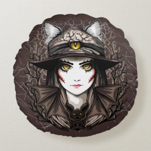 Witch Cat Halloween Creepy Cute Portrait Round Cushion