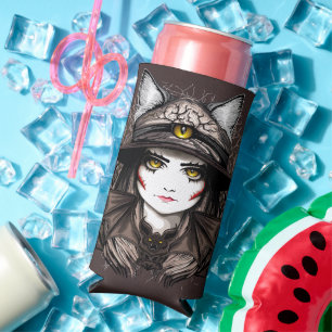Witch Cat Halloween Creepy Cute Portrait Seltzer Can Cooler