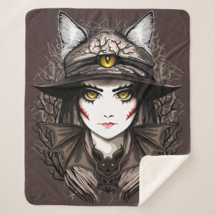 Witch Cat Halloween Creepy Cute Portrait Sherpa Blanket
