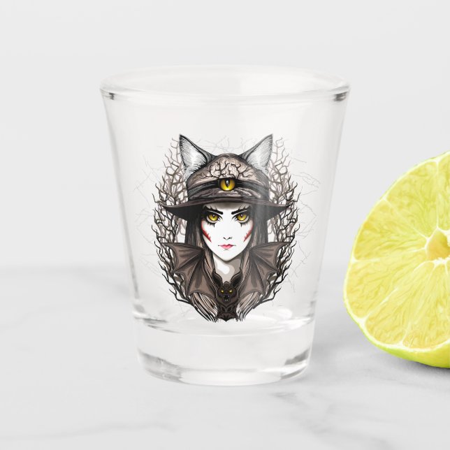 Witch Cat Halloween Creepy Cute Portrait Shot Glass (Front)