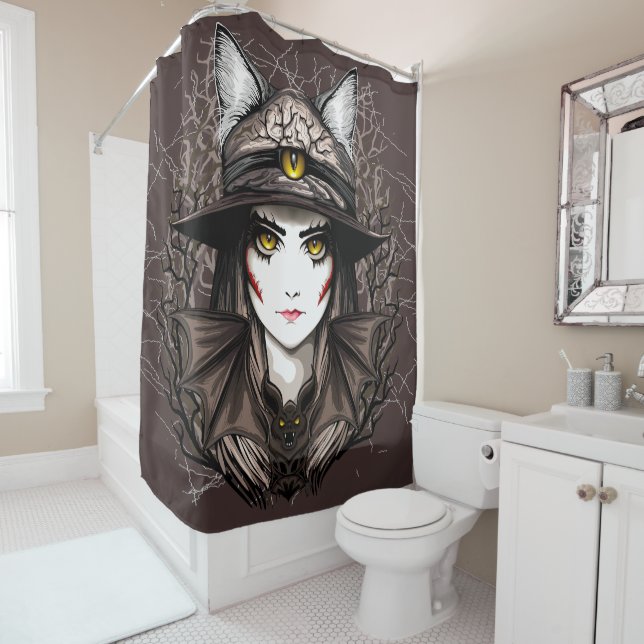 Witch Cat Halloween Creepy Cute Portrait Shower Curtain (In Situ)