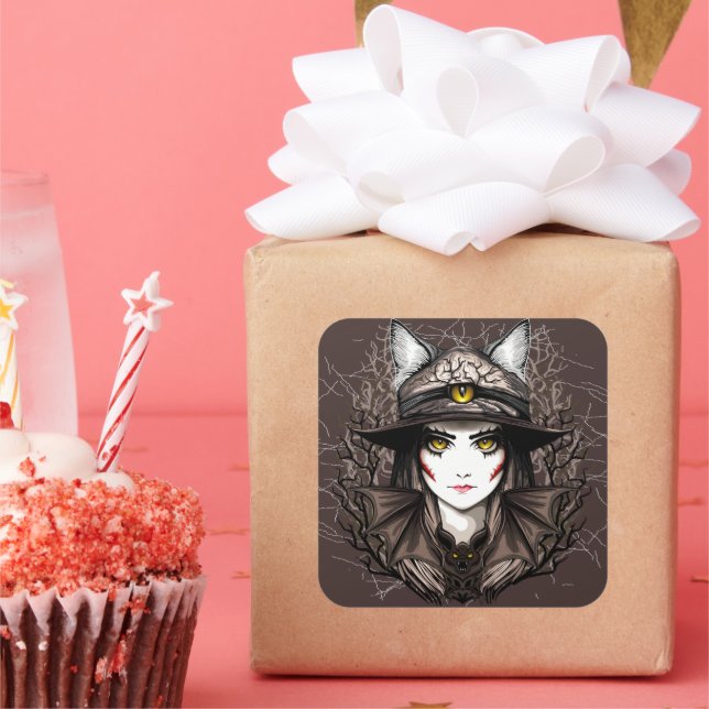 Witch Cat Halloween Creepy Cute Portrait Square Sticker (Party)