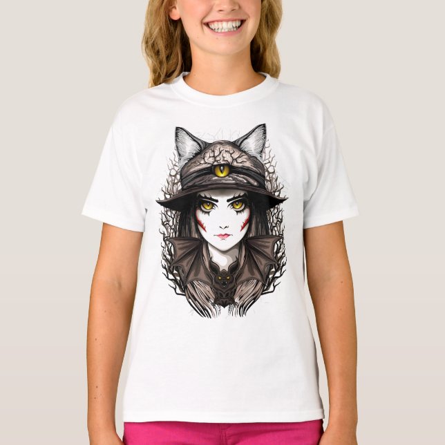 Witch Cat Halloween Creepy Cute Portrait T-Shirt (Front)