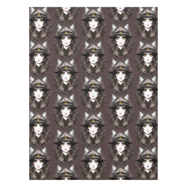 Witch Cat Halloween Creepy Cute Portrait Tablecloth (Front)