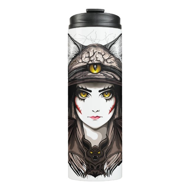 Witch Cat Halloween Creepy Cute Portrait Thermal Tumbler (Front)