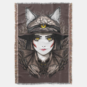 Witch Cat Halloween Creepy Cute Portrait Throw Blanket
