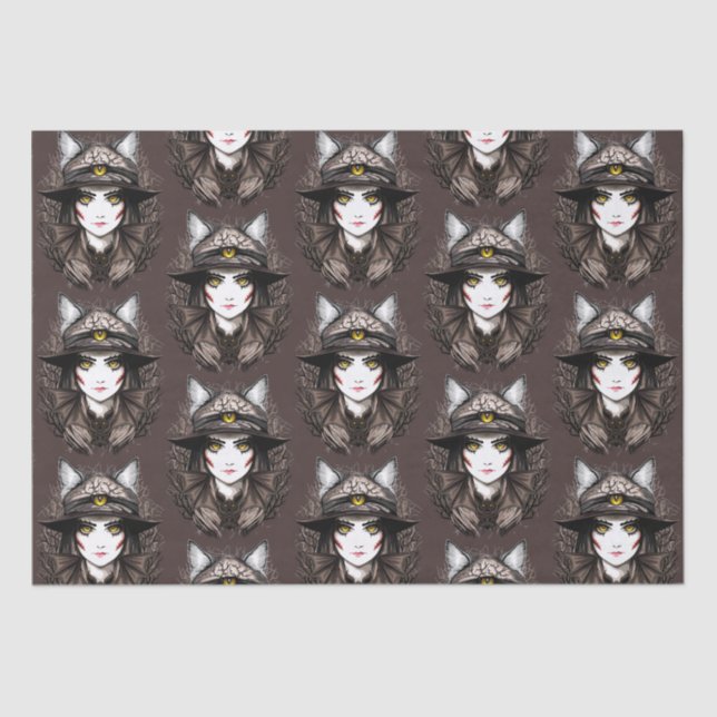 Witch Cat Halloween Creepy Cute Portrait Tissue Paper (Front)