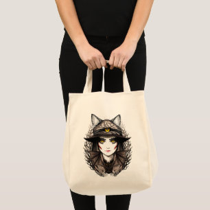 Witch Cat Halloween Creepy Cute Portrait Tote Bag