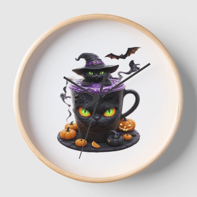 Witch Cat Halloween Latte – Creepy Cute Coffee wit Clock (Front)