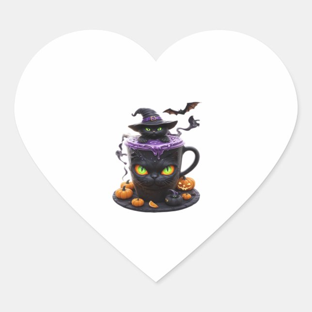 Witch Cat Halloween Latte � Creepy Cute Coffee wit Heart Sticker (Front)