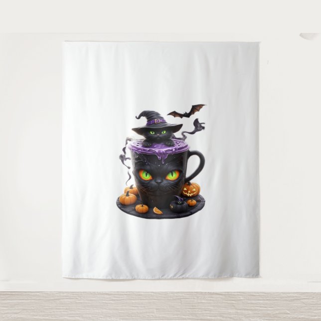 Witch Cat Halloween Latte – Creepy Cute Coffee wit Tapestry (Front)