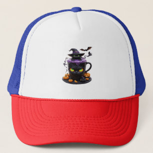 Witch Cat Halloween Latte – Creepy Cute Coffee wit Trucker Hat
