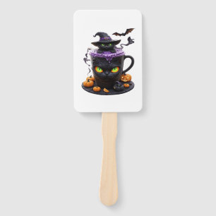 Witch Cat Halloween Latte  Creepy Cute Coffee with Hand Fan