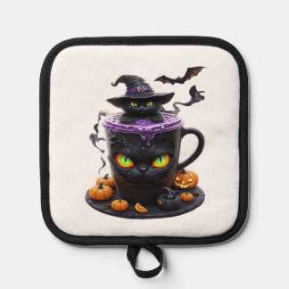 Witch Cat Halloween Latte  Creepy Cute Coffee with Pot Holder