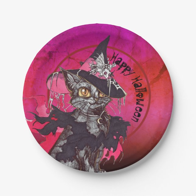 Witch Cat Happy Halloween Paper Plate (Front)