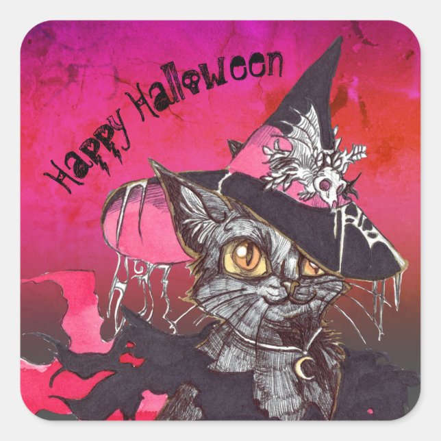 Witch Cat Happy Halloween Square Sticker (Front)