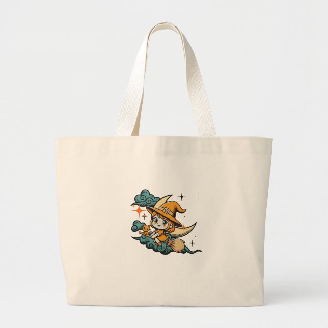 Witch & Cat Moonlight Flight Large Tote Bag (Front)