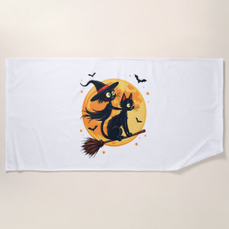 Witch Cat on a Broomstick – Halloween Night Vector Beach Towel