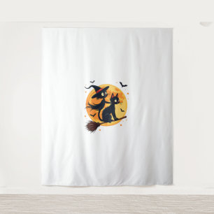 Witch Cat on a Broomstick – Halloween Night Vector Tapestry