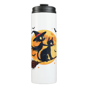 Witch Cat on a Broomstick � Halloween Night Vector Thermal Tumbler