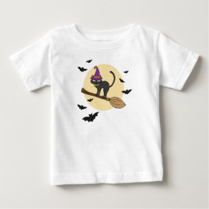 Witch Cat on Broom Youth T-Shirt, Halloween Black  Baby T-Shirt
