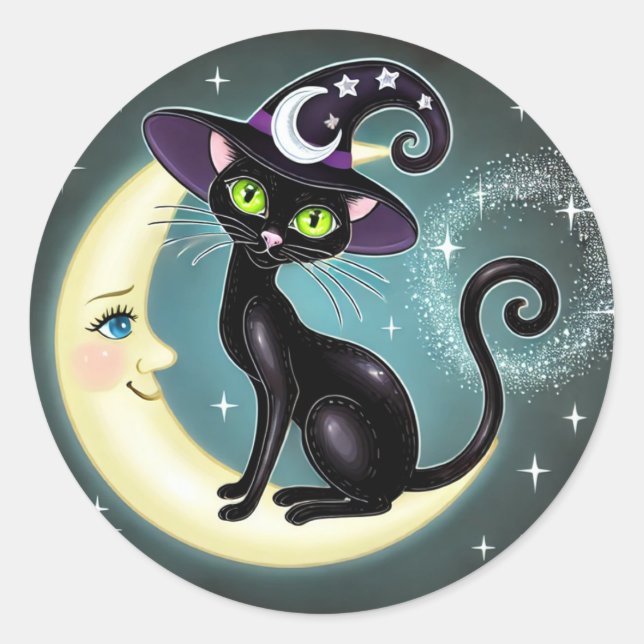 Witch Cat on Crescent Moon Halloween Wiccan Wicca  Classic Round Sticker (Front)