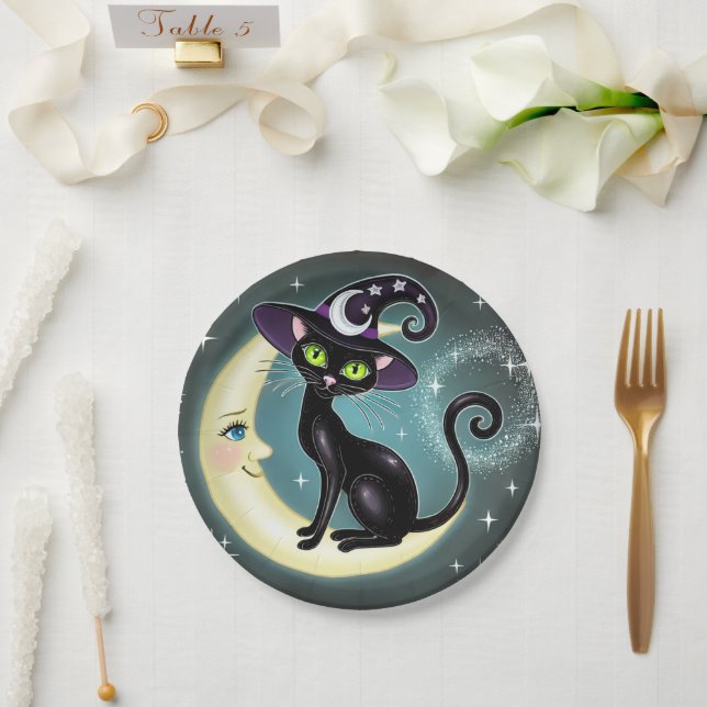Witch Cat on Crescent Moon Halloween Wiccan Wicca  Paper Plate (Wedding)