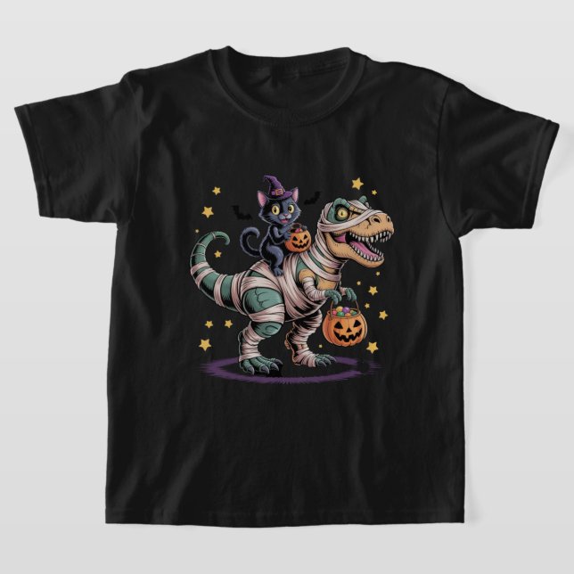Witch Cat Riding Mummy T-Rex – Cute Halloween Dino T-Shirt (Laydown)