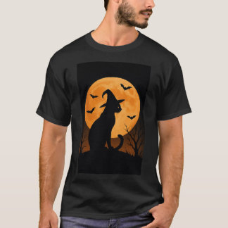 Witch Cat Silhouette With Full Moon And Bats T-Shirt