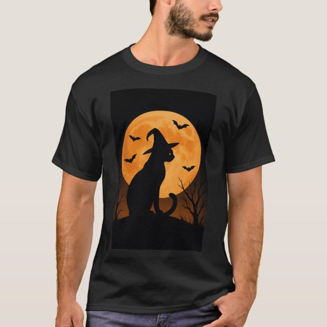 Witch Cat Silhouette With Full Moon And Bats T-Shirt (Front)