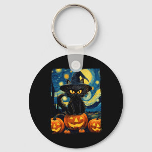 Witch Cat Starry Night Van Gogh Retro Halloween Ca Key Ring