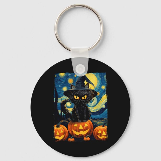 Witch Cat Starry Night Van Gogh Retro Halloween Ca Key Ring (Front)