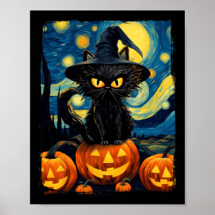 Witch Cat Starry Night Van Gogh Retro Halloween Ca Poster