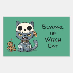Witch Cat Voodoo Doll Green Custom Text Rectangular Sticker